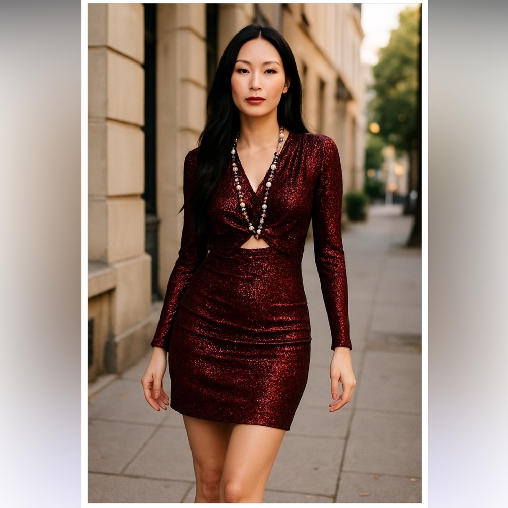IORANE RED SEQUINED V NECK PEEKABOO MIDDLE SHEATH COCKTAIL DRESS 38/SMALL